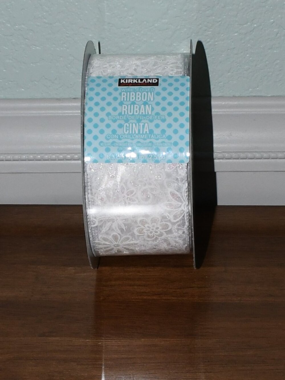 Kirkland Signature Wire Edged White Iridescent Floral Ribbon 50 Yds x 2.5 in NEW